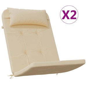 Zwei beige Adirondack-Auflagen, gepolstert, mit Kopfkissen. Bequeme Sitzkissen für Gartenstühle aus Oxford-Gewebe.
