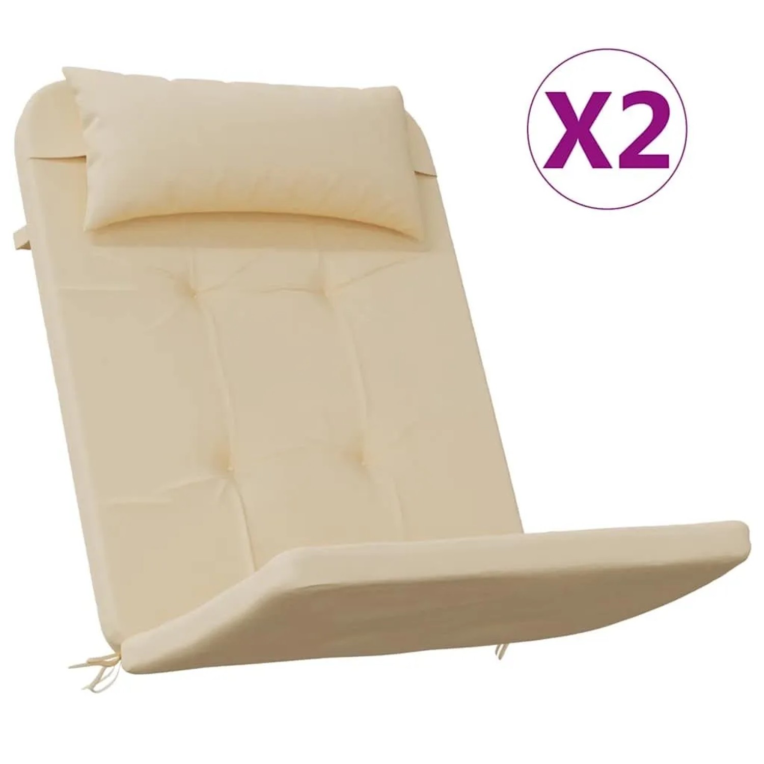 Zwei beige Adirondack-Auflagen, gepolstert, mit Kopfkissen. Bequeme Sitzkissen für Gartenstühle aus Oxford-Gewebe.