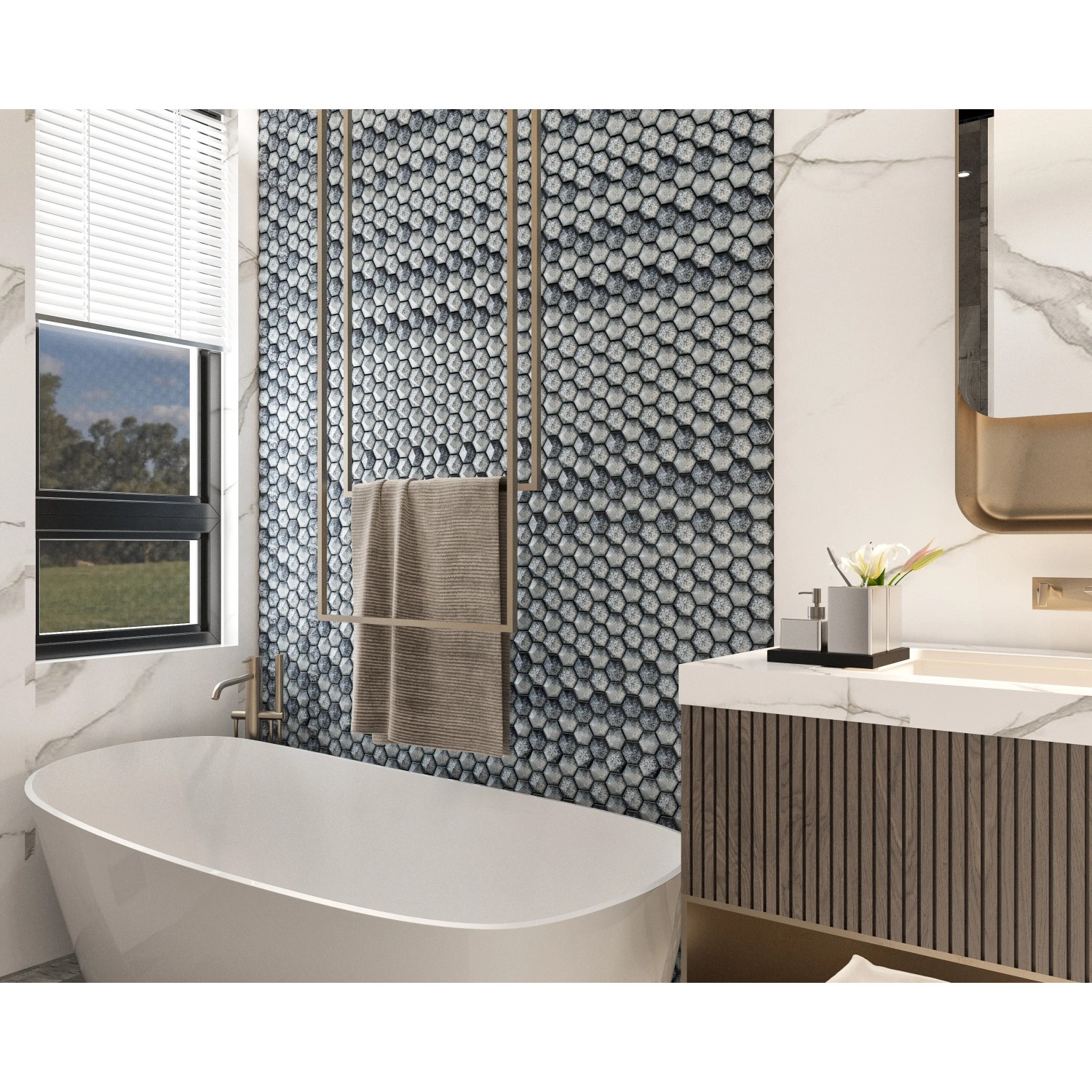 Graue Mosaikmatte Ebru Hexagon Glas im Badezimmer, Wandgestaltung mit Mosaikfliesen.