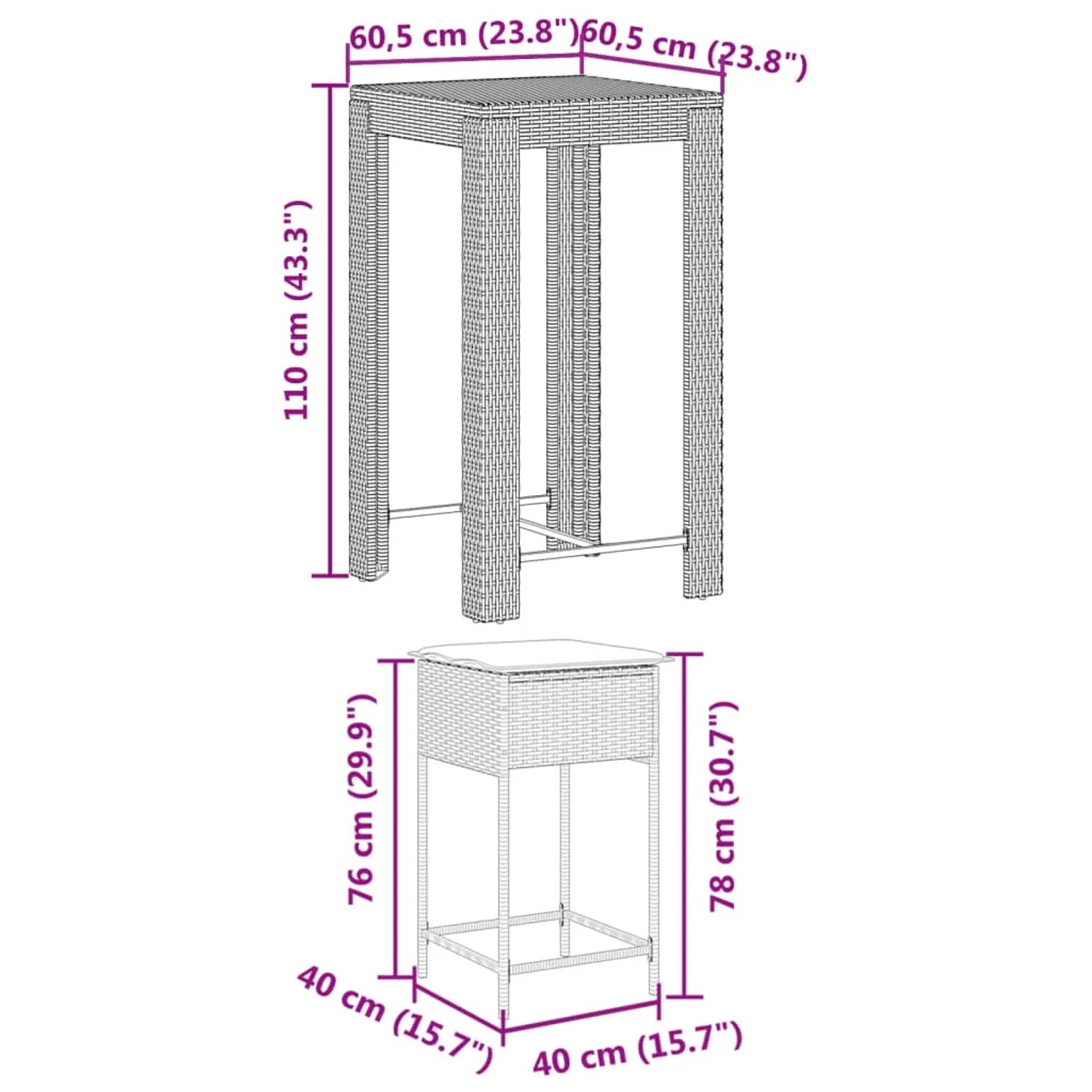 vidaXL Gartenbar-Set, 5-teilig, grau, Poly Rattan, mit Maßangaben für Tisch und Stuhl