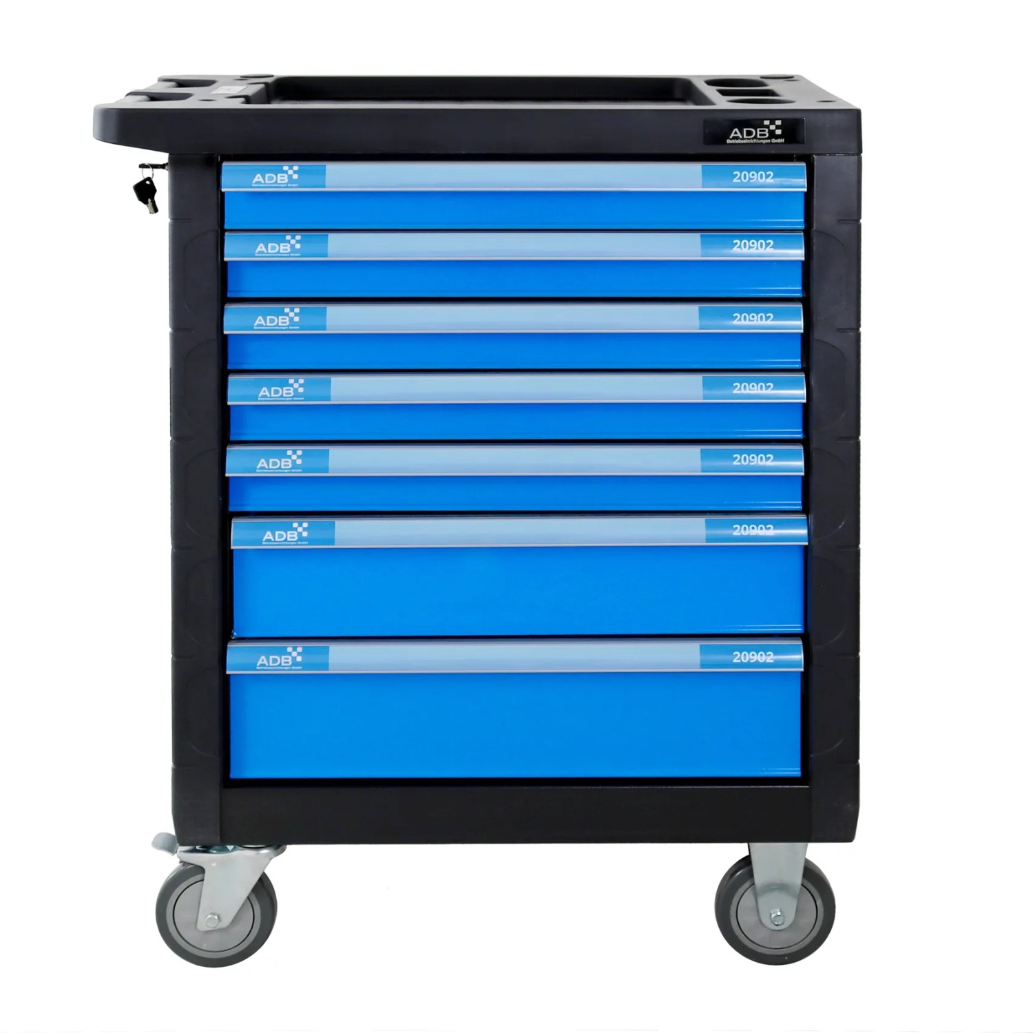 Blauer Werkstattwagen mit 7 Schubladen und Werkzeugset, ideal für Werkstatt und Garage.