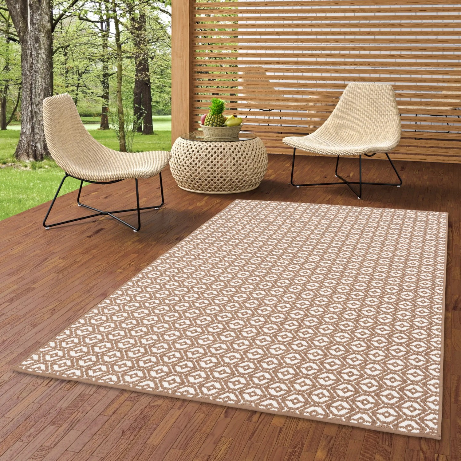 Beiger Snapstyle In- und Outdoor Teppich Cape Cod mit Muster, 100x100 cm.