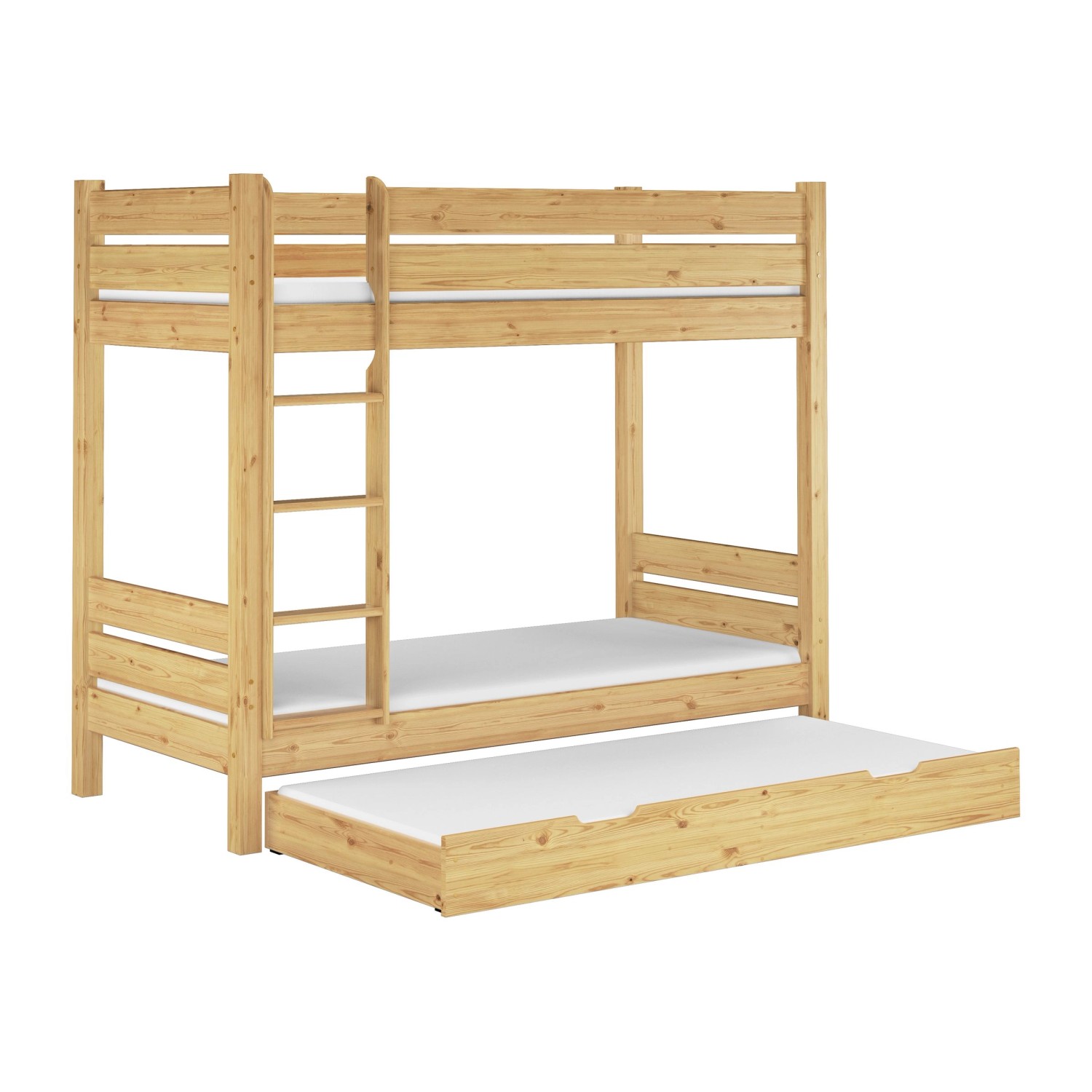 Etagenbett aus Kiefer massiv mit Rollrost und Bettkasten, 90x200 cm. Stabiles Holzbett für Kinder und Erwachsene.