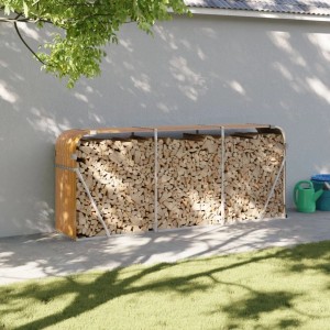 vidaXL Kaminholzunterstand in Holzoptik aus verzinktem Stahl, gefüllt mit Holzscheiten.