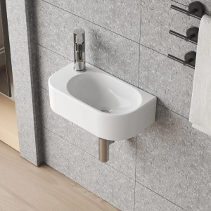 Aquabatos Handwaschbecken, kleines, weißes Aufsatzwaschbecken mit Hahnloch für Gäste-WC.