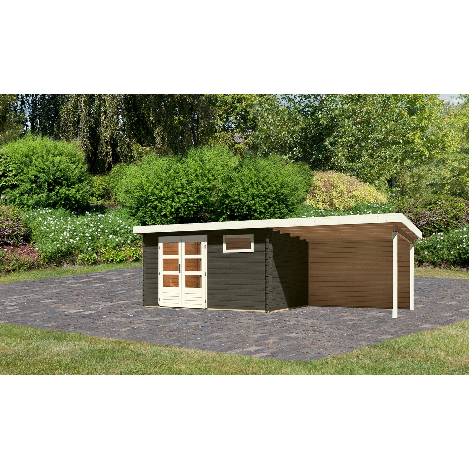 Karibu Gartenhaus Ängelholm 8 Terragrau 669 x 297 cm mit Anbaudach und Rück günstig online kaufen