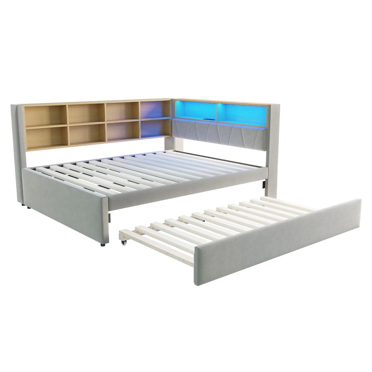 Merax Schlafsofa 140x200cm LED USB Ausziehbett Flanell Hellgrau