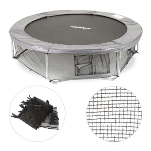 Schwarzes Relaxdays Trampolin-Rahmennetz aus PE mit Klettverschluss. Schützt den Bereich unter dem Trampolin, mit Taschen.