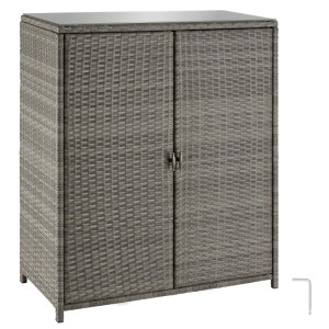 Grauer Tectake Gartenschrank Monza aus Polyrattan mit Glastischplatte und zwei Türen.