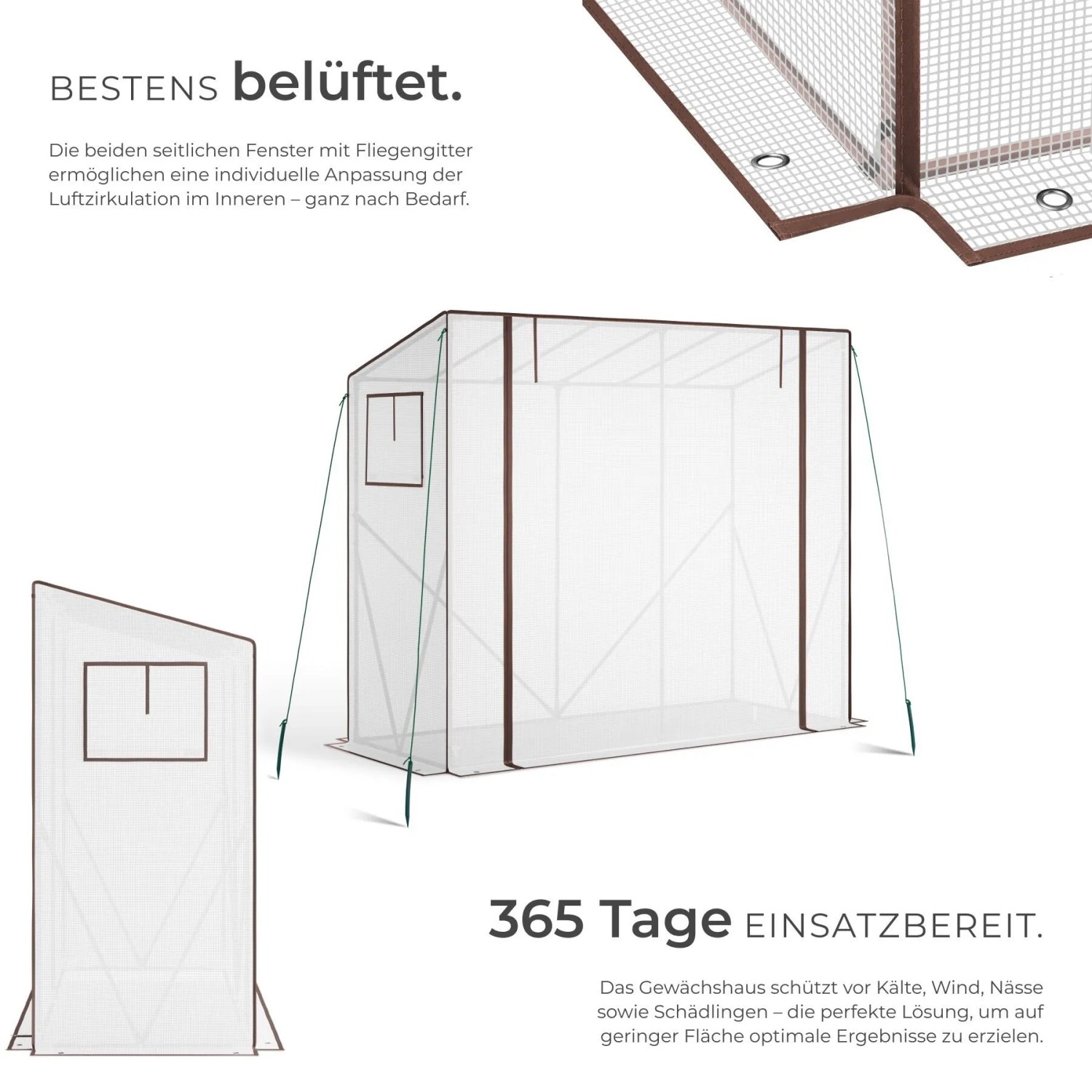 Transparentes Foliengewächshaus Anton mit seitlichen Fenstern und Fliegengitter für optimale Belüftung von Pflanzen.