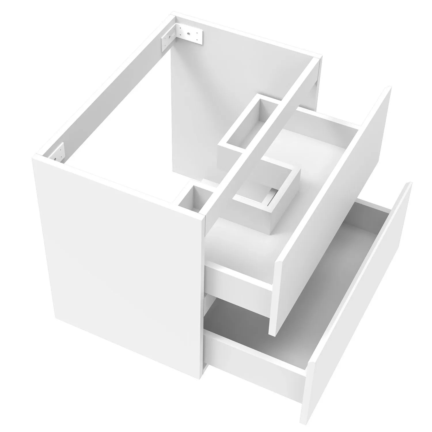 Mattweißer Waschbeckenunterschrank mit 2 offenen Schubladen und Siphonausschnitt. Modernes Badmöbel aus MDF.