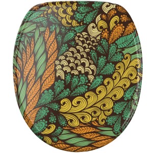 SANILO WC-Sitz Velora mit Absenkautomatik, Holz, buntes Blätterdesign.