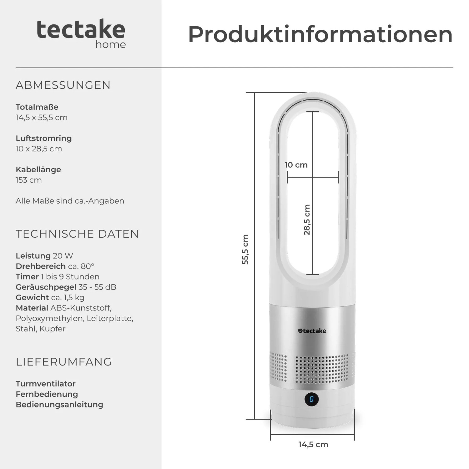Tectake Turmventilator Polar 80° Oszillation  20 W 8 Geschwindigkeitsstufen  Maximal  und Schlafmodus Weiß 14 50 x 14 50 x 55 50 cm Weiß_6