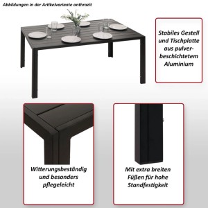 Anthrazitfarbener MCW Alu-Gartentisch N40, 140x80cm, pulverbeschichtet. Wetterfest, stabil mit breiten Füßen.