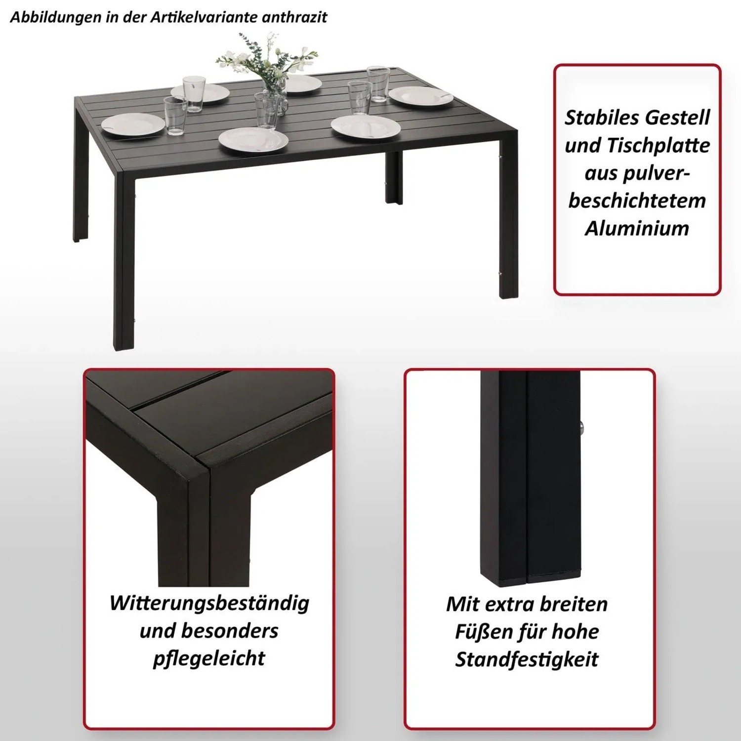 Anthrazitfarbener MCW Alu-Gartentisch N40, 140x80cm, pulverbeschichtet. Wetterfest, stabil mit breiten Füßen.
