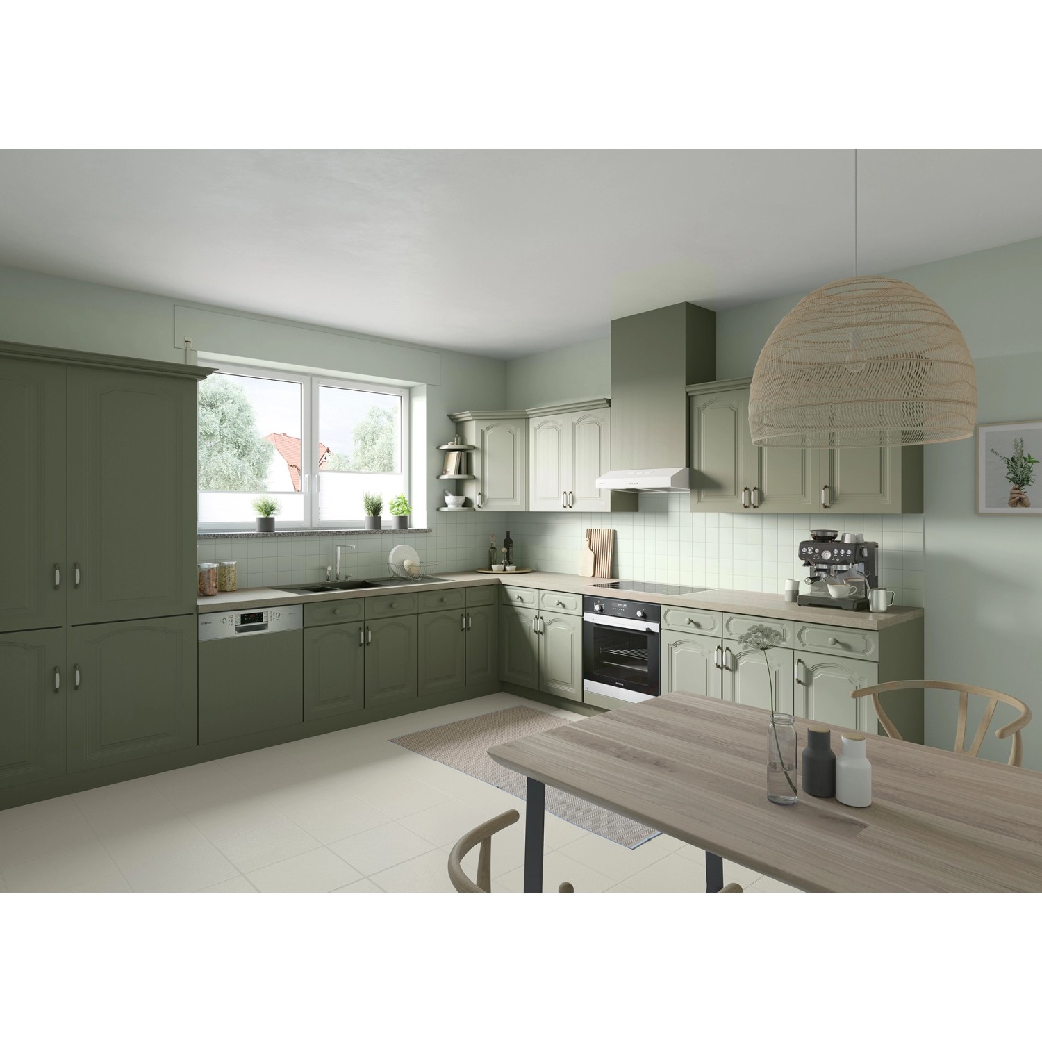 Küche mit Alpina Wandfarbe Bad & Küche Silberfarn, grüne Küchenschränke und Esstisch.