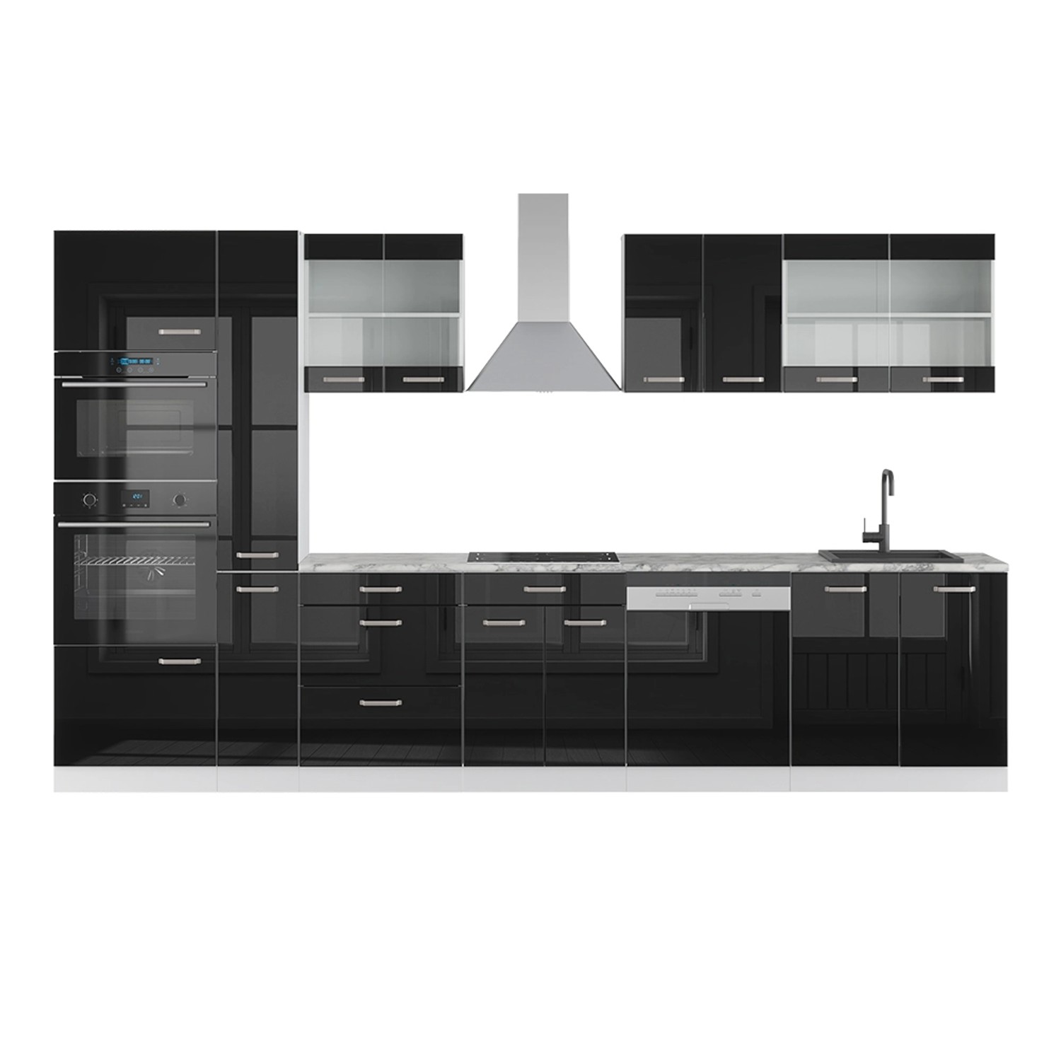 Vicco R-Line Komplettküche Schwarz-Eiche Hochglanz/Weiß 350 cm mit Hochschr günstig online kaufen