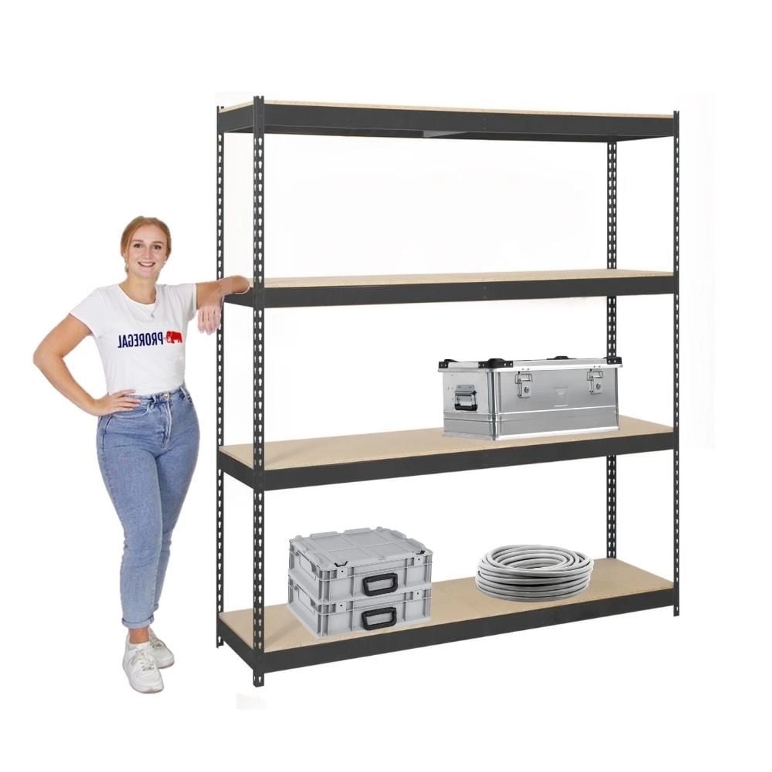 PROREGAL Schwerlastregal Wood Beast, 200x210x75 cm, 4 Ebenen, anthrazit, mit Lagergut.