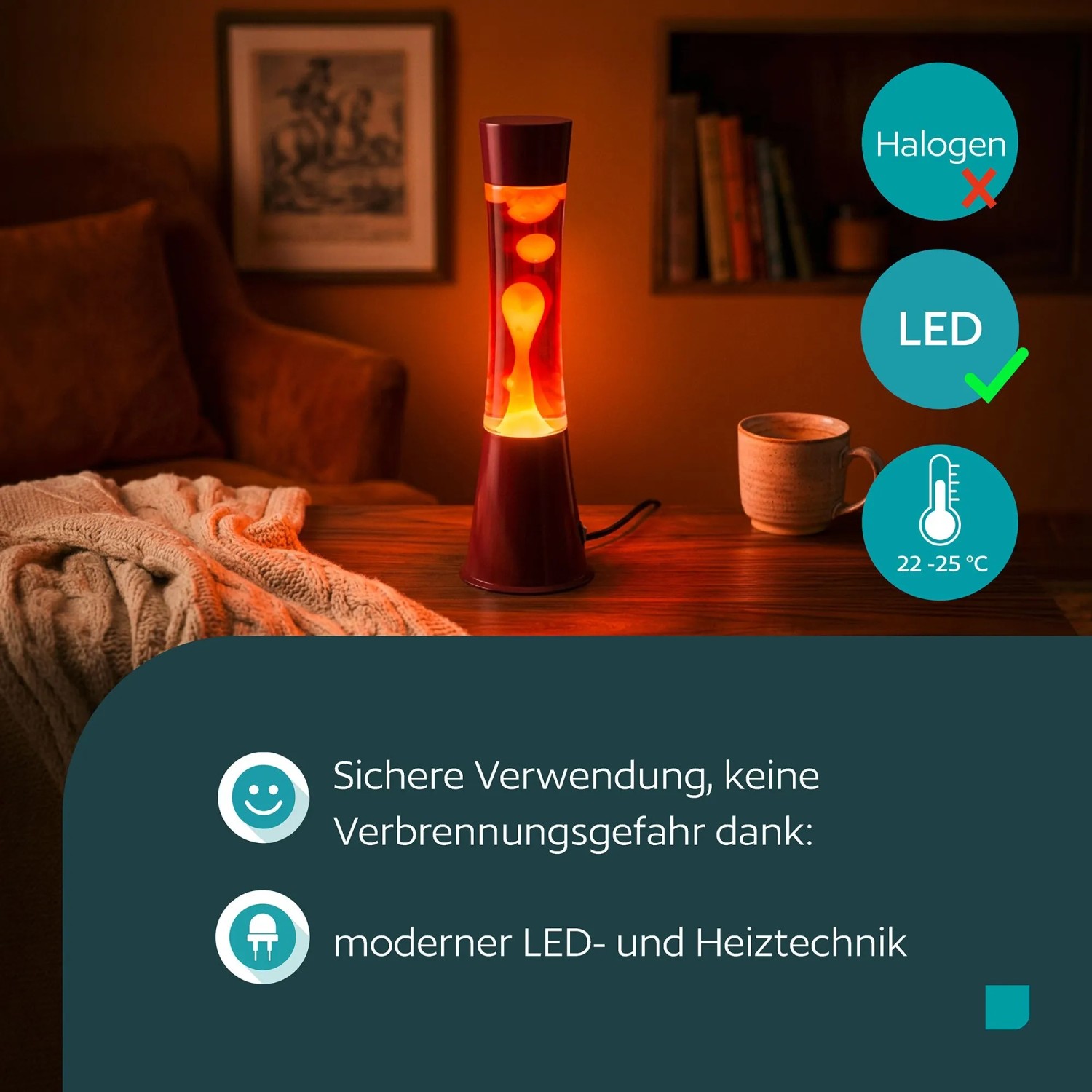Eglo LED-Lavatischleuchte Bordeaux/Orange. Moderne Tischlampe mit warmweißem Lava-Effekt, sicher dank LED-Technik.