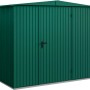 Moosgrünes Ecostar Gerätehaus Trend mit Satteldach und Einzeltür.