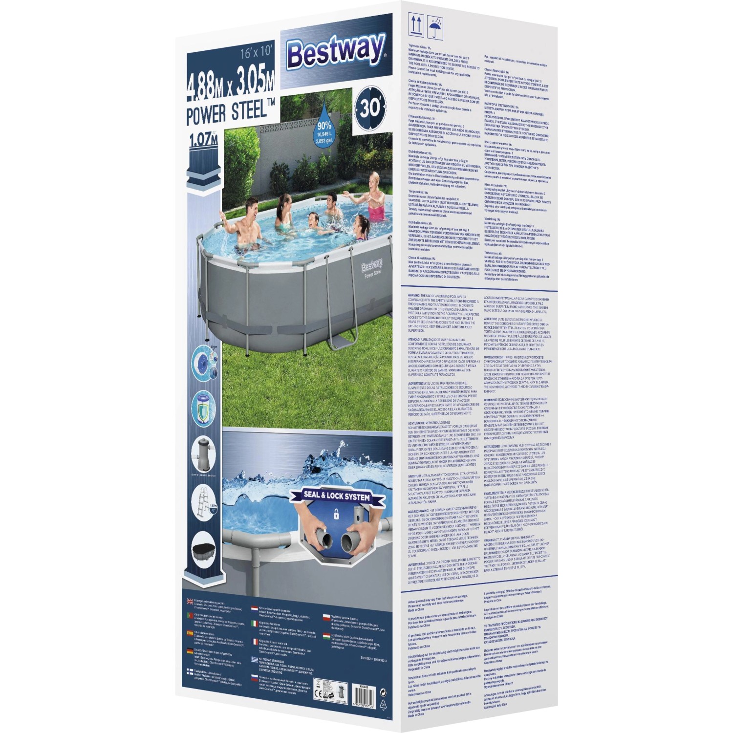 Verpackung des grauen, ovalen Bestway Frame Pool Power Steel Komplett-Sets, 488x305x107 cm.
