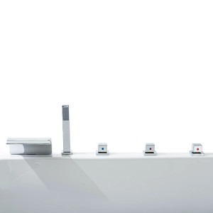 Basera® Indoor Eck-Whirlpool Guam Rechts, weiße Badewanne mit Armaturen und Brause.