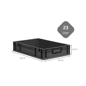 Schwarze PROREGAL Eurobox Nextgen Color, 23 Liter, mit geschlossenem Griff und Maßangaben.