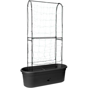 Schwarze Elho Pflanzwand Veggie Wall mit Rankgitter, ideal für Kletterpflanzen im Garten oder auf dem Balkon.
