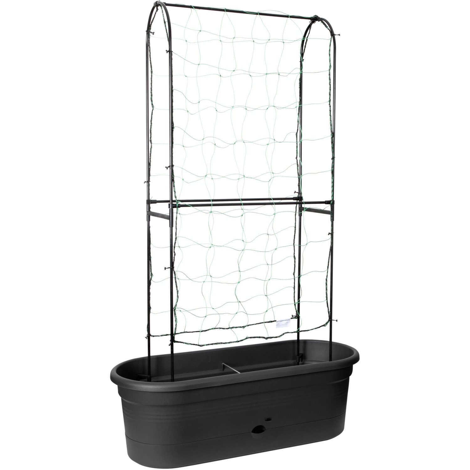 Schwarze Elho Pflanzwand Veggie Wall mit Rankgitter, ideal für Kletterpflanzen im Garten oder auf dem Balkon.