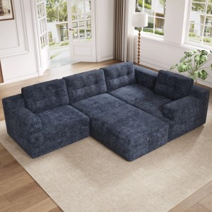 Blaues Merax Modulsofa in L-Form aus Chenille im Wohnzimmer. Flexibles Ecksofa mit tiefen Sitzen für Komfort.