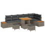 Graues 9-teiliges Garten-Sofaset aus Rattan und Akazienholz mit Kissen.