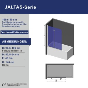 Aquabatos Badewannenaufsatz, 2-teilige Faltwand aus Glas, 100x140 cm.