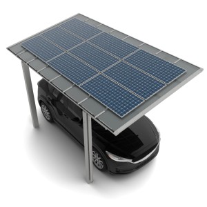 Ximax Solarcarport Linea mit Solarmodulen über schwarzem Auto. Modernes Aluminium-Design, Schutz vor Witterung.
