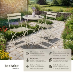 Cremefarbenes Tectake Bistrotisch Set Frieda, klappbar, für 2 Personen im Garten.