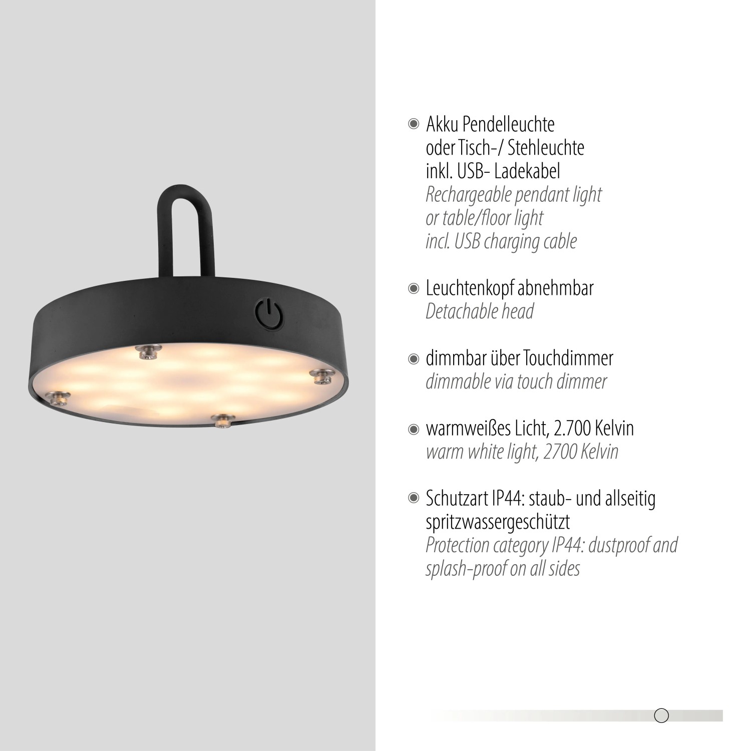 Schwarze LED Akku-Pendelleuchte Akuba, dimmbar, für Innen & Außen.