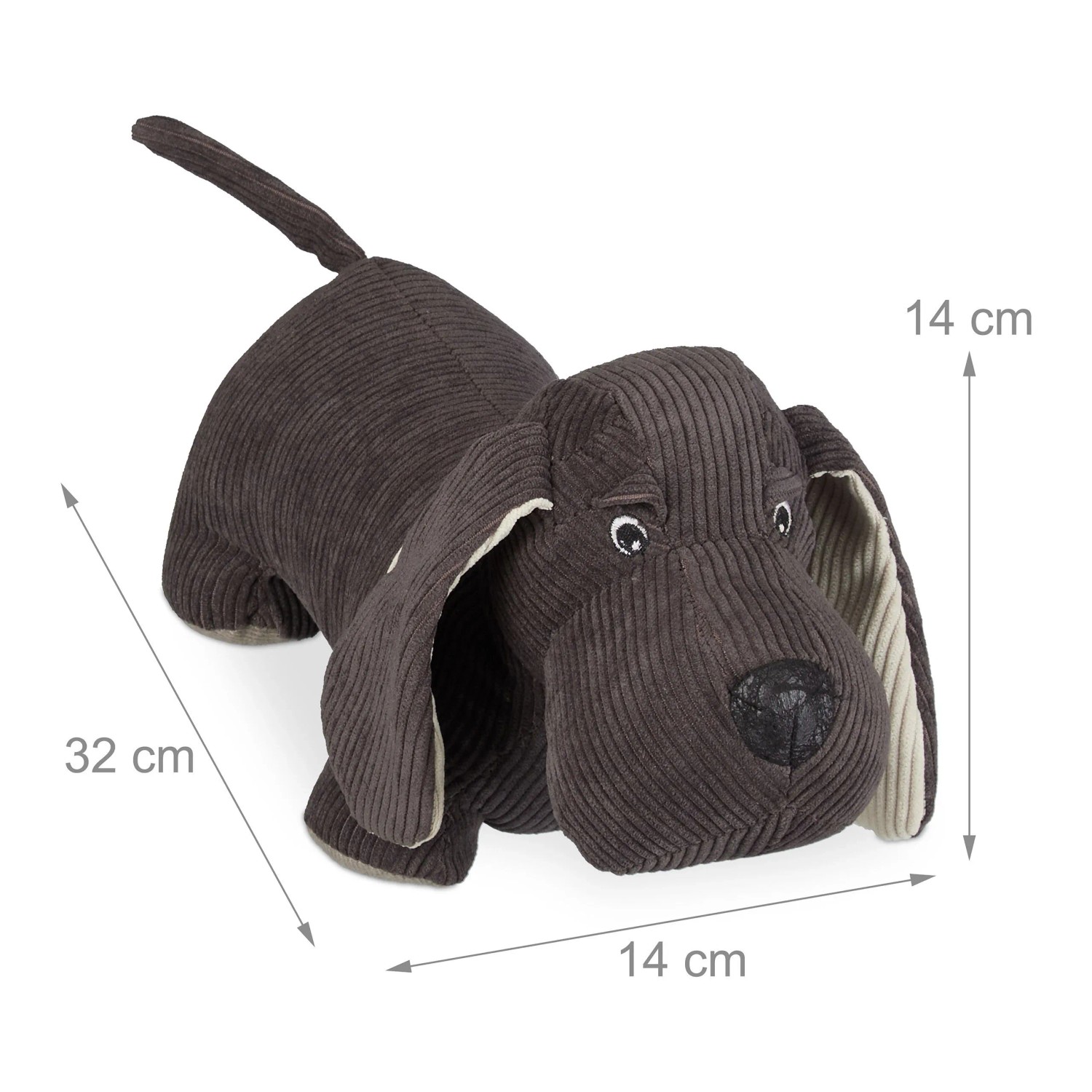 Dunkelbrauner Dackel Türstopper aus geripptem Polyester-Stoff, sandgefüllt, 14x32x14 cm.