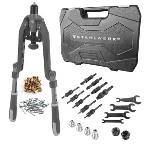 STAHLWERK Nietmuttern- und Blindnietenzangen Set mit Zange, Nietmuttern, Blindnieten und Zubehör im Koffer.