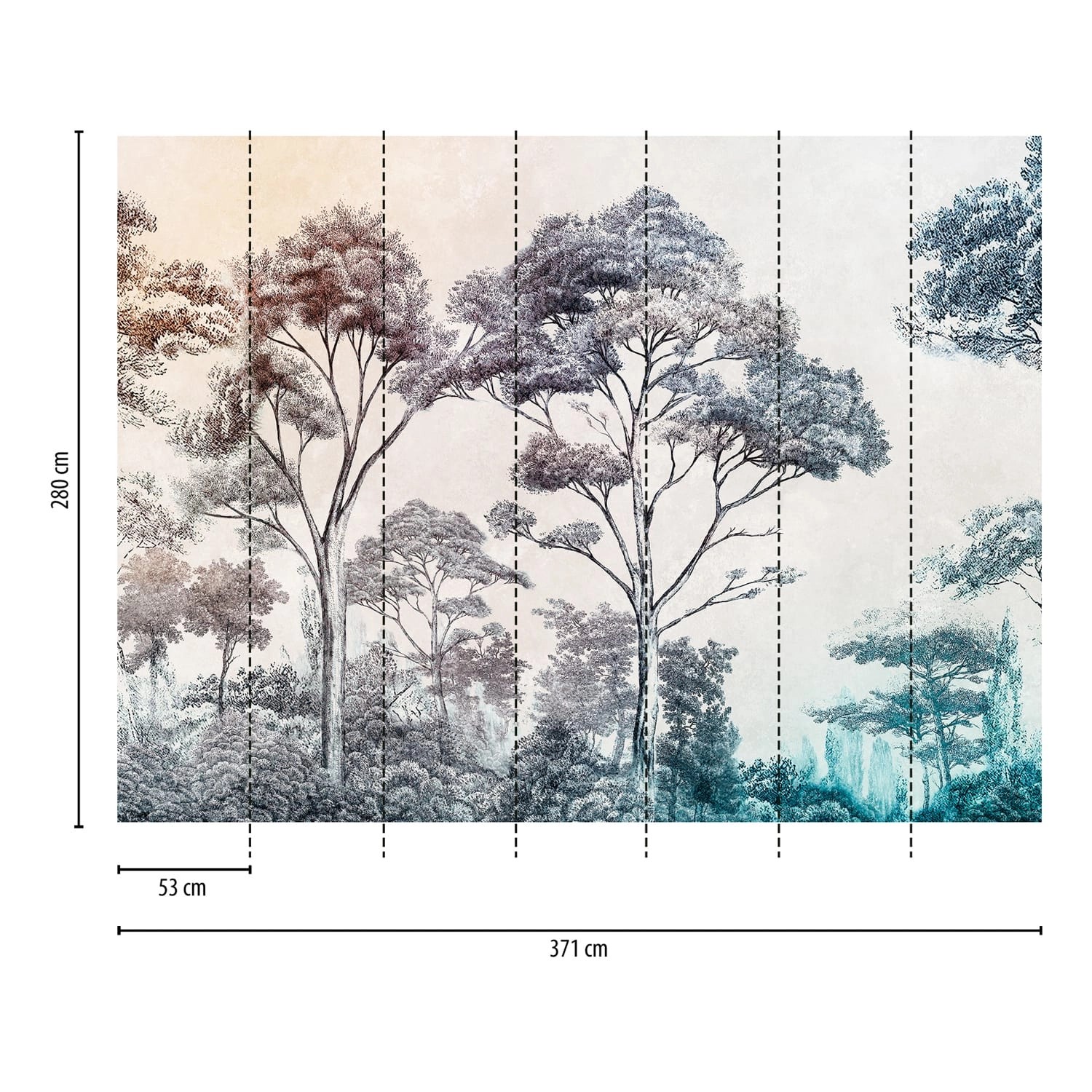 Fototapete Wald in Creme, Blau, Orange und Braun. Naturmotiv für Wohnräume.
