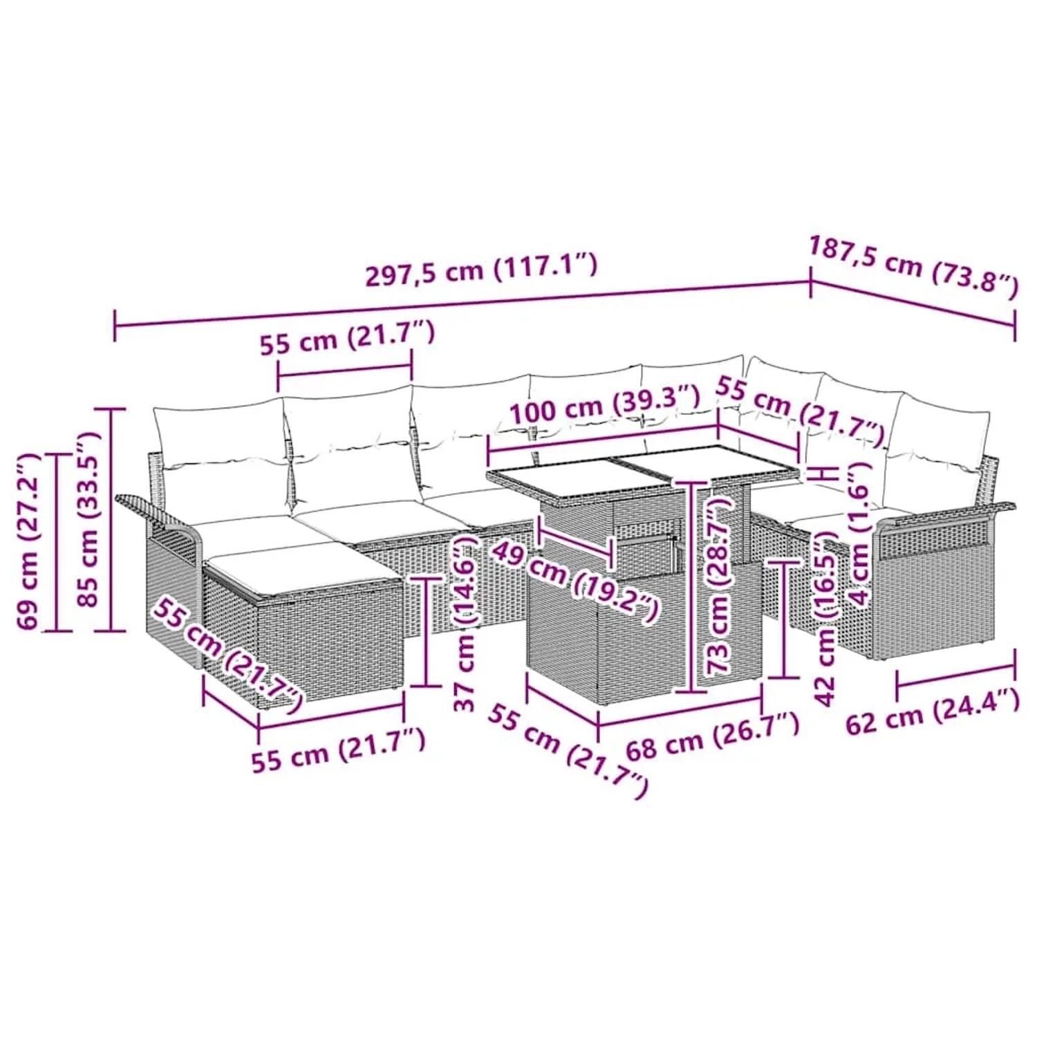 Hellgraues 9-teiliges Garten-Sofa-Set mit Tisch und Kissen, modulare Bauweise, Abmessungen sichtbar.