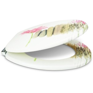 Sanfino WC-Sitz Gerbera: Toilettendeckel mit Absenkautomatik, Holz, Blumen- und Steinmotiv.