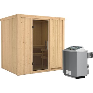 Karibu Sauna-Set Bjarne mit Ofen und Glastür, aus Fichte. Ideal für entspannende Sauna-Gänge.