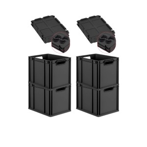 PROREGAL SuperSparSet 4x Eurobox Nextgen Grip Mit Scharnierdeckel Und Schwarzen Verschlüssen HxBxT 32x30x40cm 30 Liter Schwarz Griffe Offen