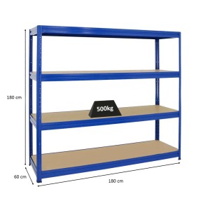 Blaues PROREGAL Schwerlastregal Dino 180x180x60 cm mit vier MDF-Fachböden.