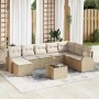 Beige vidaXL Garten-Lounge-Set mit Kissen, 9-teilig, aus Polyrattan. Inklusive Tisch und modularen Sofas.
