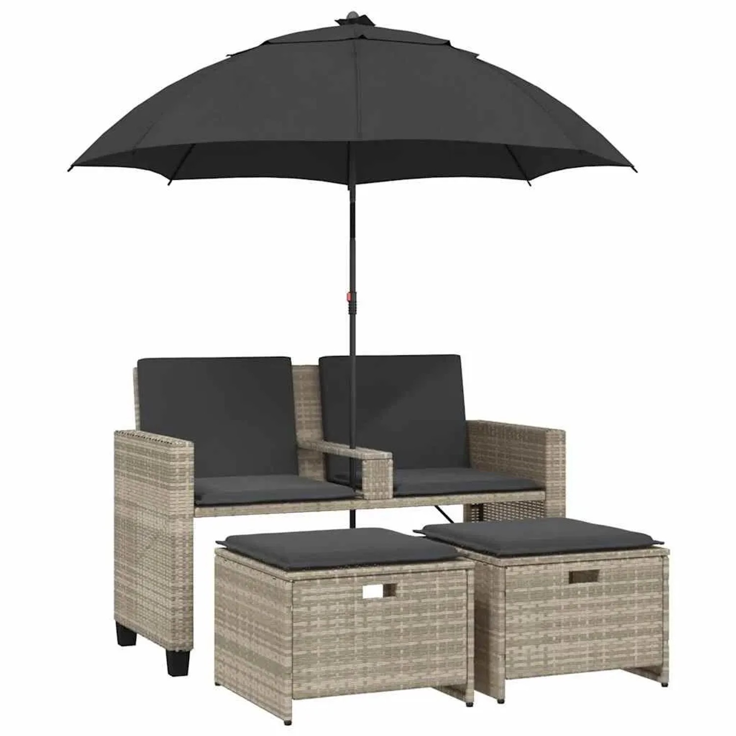 vidaXL Gartensofa 2-Sitzer Sonnenschirm und Hocker Hellgrau Polyrattan 3658 günstig online kaufen