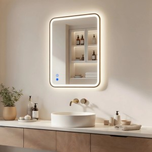 ARTFORMA LED Badspiegel 80x60 cm, rechteckig mit abgerundeten Ecken, gebürstetem Goldrahmen, Beleuchtung, Antibeschlag & Touch.
