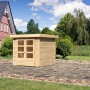 Naturbelassenes Karibu Express Gartenhaus Speedy A mit Doppeltür im Garten.