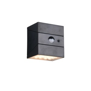 Moderne, schwarze LED Solar-Wandleuchte mit Bewegungsmelder für den Außenbereich.