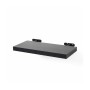 Schwarzes Relaxdays Wandregal aus MDF mit Holzoptik und zwei schwarzen Metallhalterungen, modern und schwebend.