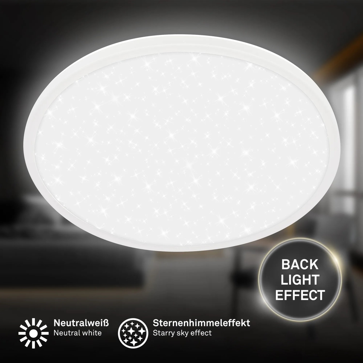 Weißes Brilo LED-Panel Slim Sternenhimmel, neutralweiß, mit Sterneneffekt und Backlight.